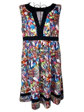 Suzi Chin for Maggy Boutique Colorful Contemporary V-Neck Dress, Size 10